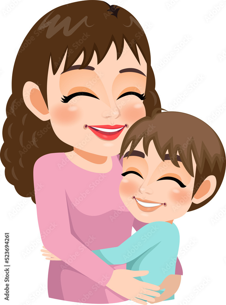 Cartoon character with Mom and son embrace. Mother is day concept Cartoon character with Mom and son embrace. Mother is day concept