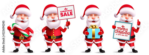 Santa claus christmas character vector set. Santa claus in 3d characters with placard and gift waving and friendly gestures in smiling facial expression for xmas collection design. Vector illustration