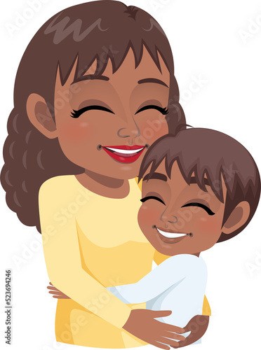 Cartoon character with African American Mom and son embrace. Mother is day concept