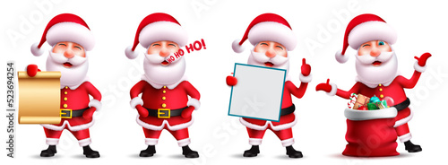 Santa claus character vector set. Santa claus christmas characters in 3d with xmas elements isolated in white background for xmas collection design. Vector illustration. 
