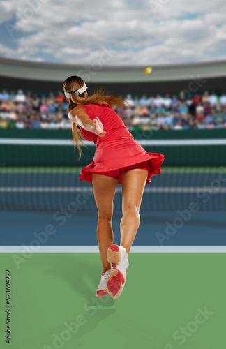 Back view of professional female tennis player doing sport on court