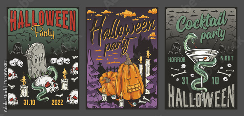 Halloween poster set for cementary scary party. Autumn october banner with zombie hand and skulls