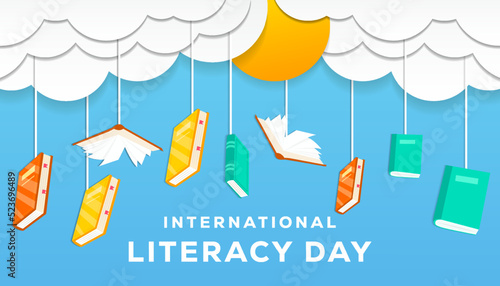 international literacy day hanging books on cloud in cut paper style