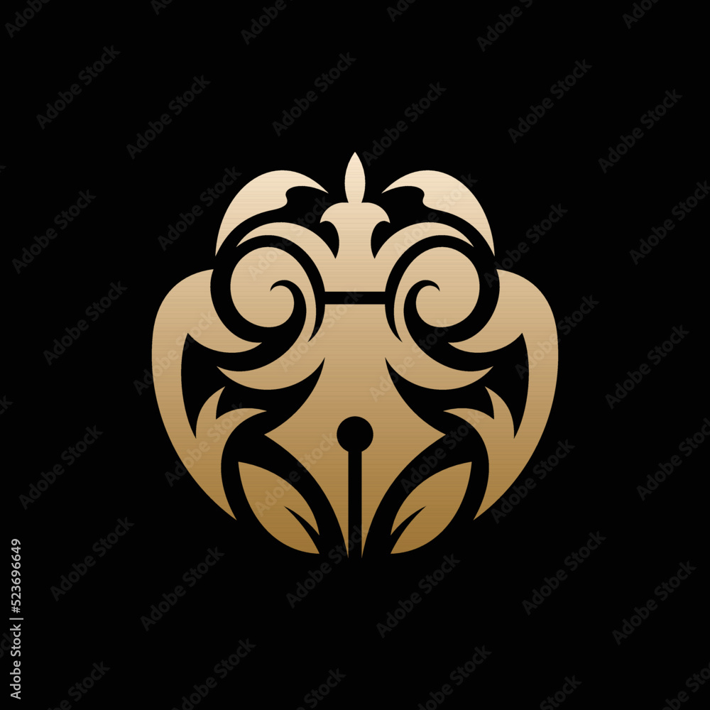 Obraz premium Pen Ornate Luxury Creative Business Logo, Feather quill pen author gold logo design icon classic stationery illustration