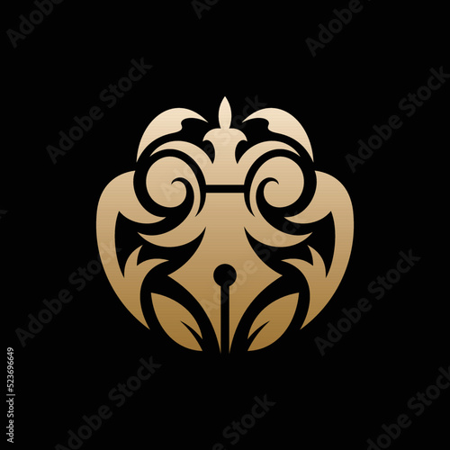 Pen Ornate Luxury Creative Business Logo, Feather quill pen author gold logo design icon classic stationery illustration