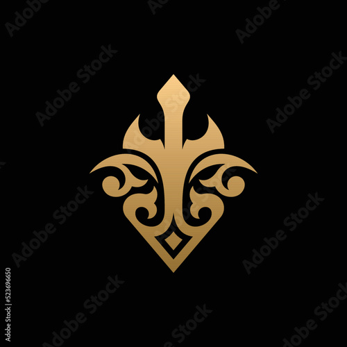 Trident Ornate Luxury Abstract Creative Logo, Trident Poseidon Logo. Simple and Luxurious Company Logo Design. Trident spear logo design Silver luxury king Poseidon icon symbol