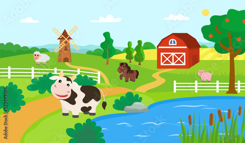 Farm animals. Farming with cow  horse  sheep and pig. Pond and field landscape