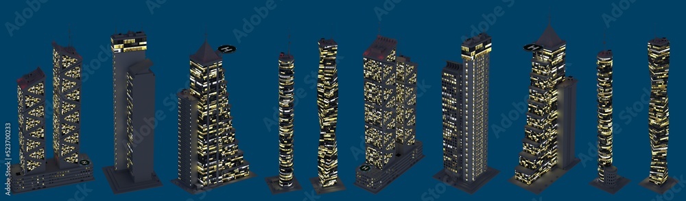3d illustration of skyscrapers - diffferent fictional towers at night time with lights turned on - isolated on blue, top view
