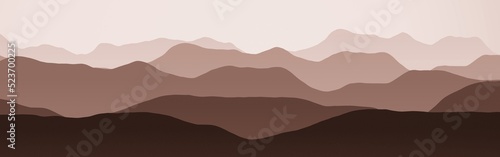 creative red panoramic picture of mountains ridges in the haze digital graphic background or texture illustration