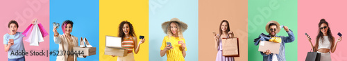 Set of people with bags, laptop and credit cards on color background. Online shopping