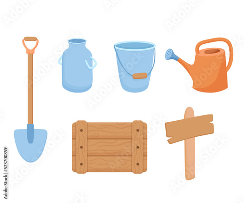 Vector garden tools set isolated on white background. Gardening elements in flat cartoon style - shovel, watering can and wooden box