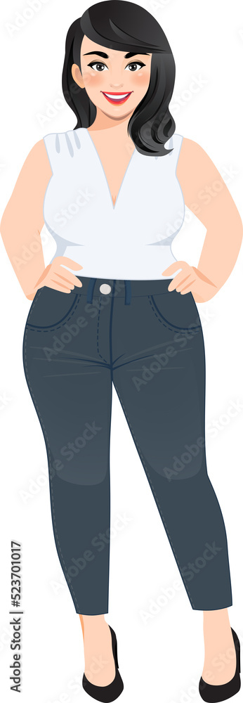 Plus size female in white sleeveless shirt and jeans standing cartoon Plus size female in white sleeveless shirt and jeans standing cartoon