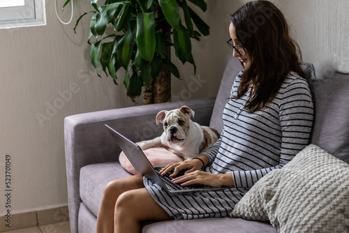 Trabajando en la computadora dentro de casa con mi perro alado observando la pantalla