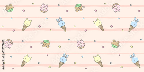 Donut, ice cream cone and cupcake with cute animals on a striped pink background with small stars. Endless texture with kawaii dessert characters. Vector seamless pattern for cover and wrapping paper