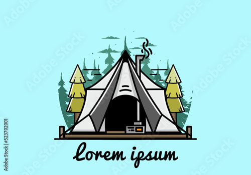 Large glamping tent with heater and chimney illustration design