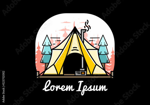 Large glamping tent with heater and chimney illustration design