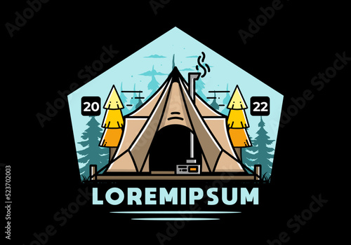 Large glamping tent with heater and chimney illustration design