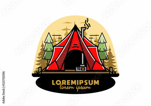 Large glamping tent with heater and chimney illustration design