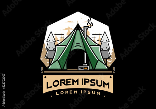 Large glamping tent with heater and chimney illustration design