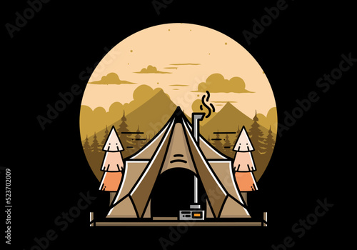 Large glamping tent with heater and chimney illustration design