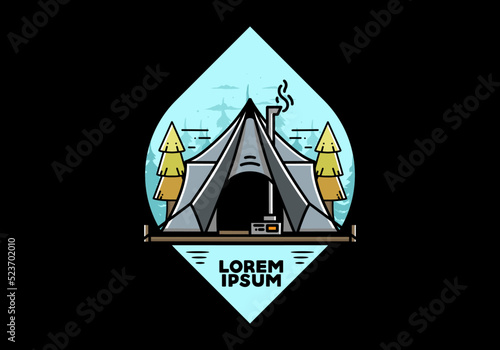 Large glamping tent with heater and chimney illustration design