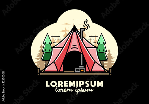 Large glamping tent with heater and chimney illustration design