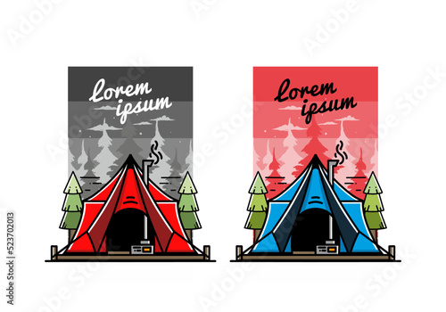 Large glamping tent with heater and chimney illustration design