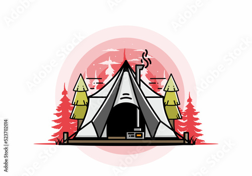 Large glamping tent with heater and chimney illustration design