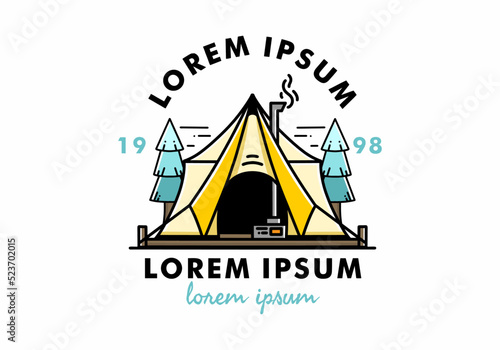 Large glamping tent with heater and chimney illustration design