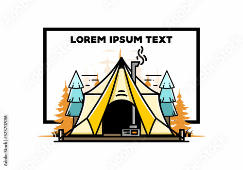 Large glamping tent with heater and chimney illustration design