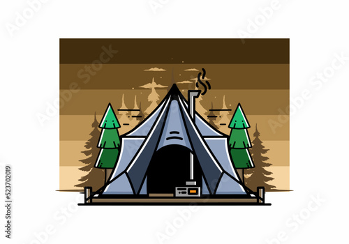 Large glamping tent with heater and chimney illustration design