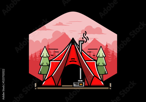Large glamping tent with heater and chimney illustration design