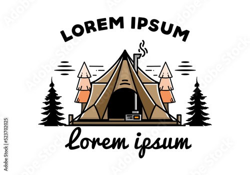 Large glamping tent with heater and chimney illustration design