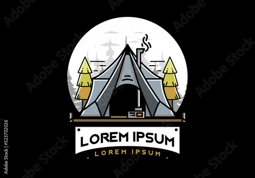 Large glamping tent with heater and chimney illustration design