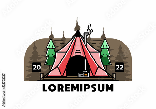 Large glamping tent with heater and chimney illustration design