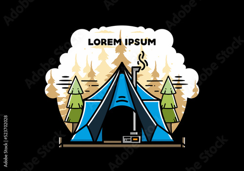 Large glamping tent with heater and chimney illustration design