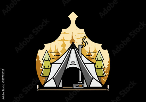 Large glamping tent with heater and chimney illustration design