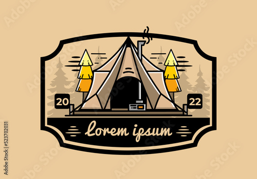 Large glamping tent with heater and chimney illustration design