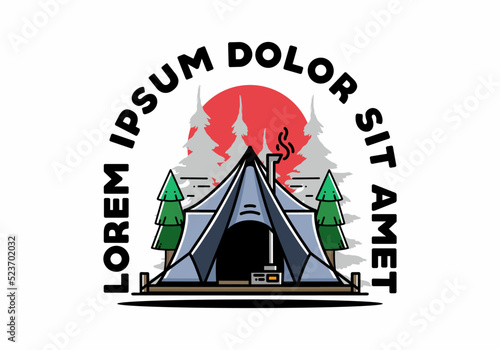 Large glamping tent with heater and chimney illustration design