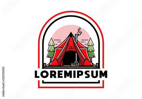 Large glamping tent with heater and chimney illustration design