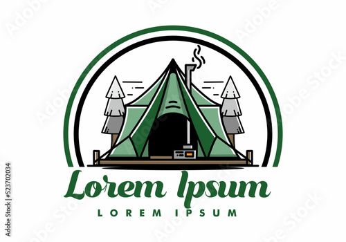 Large glamping tent with heater and chimney illustration design