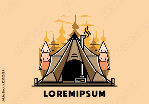 Large glamping tent with heater and chimney illustration design