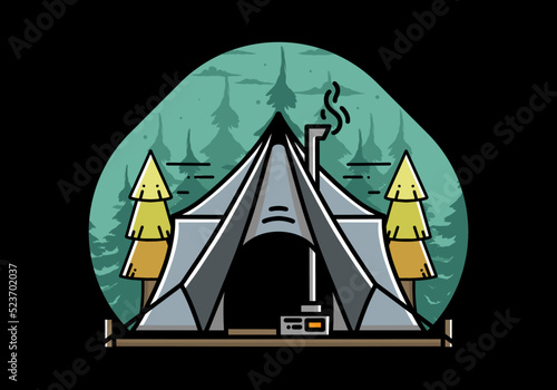Large glamping tent with heater and chimney illustration design