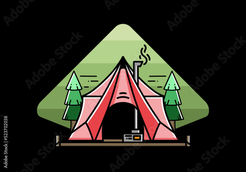 Large glamping tent with heater and chimney illustration design