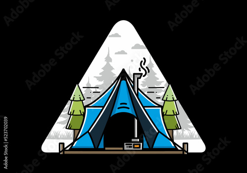 Large glamping tent with heater and chimney illustration design