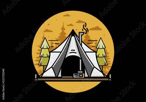 Large glamping tent with heater and chimney illustration design