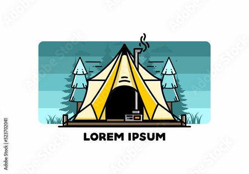 Large glamping tent with heater and chimney illustration design
