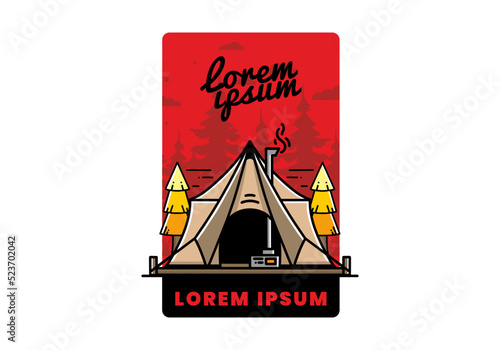 Large glamping tent with heater and chimney illustration design