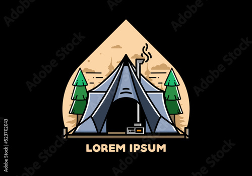 Large glamping tent with heater and chimney illustration design