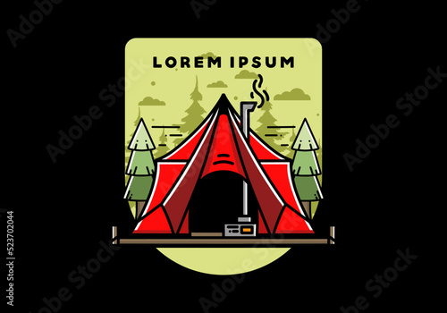 Large glamping tent with heater and chimney illustration design